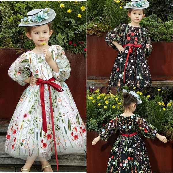 2020 mode blanc noir imprimé fleur fille robes pour mariage poète manches longues bijou ruban rouge fête robe de graduation enfant en bas âge spécial