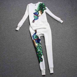 2020 Mode Vrouwen 2 Stuk Sets Lente Herfst Casual Lange Mouwen Peacock Pailletten Trui Lange Broek Dames Twee stukjes TB704 X0428