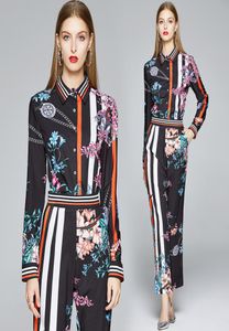 2020 Fashion Women's Designer Two -Piece Sets Print Shirts met lange mouwen+lange broek 2 PCS Plus Size Slim Ladies Runway Two Piece Pants1514504