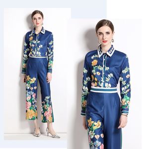 Moda para mujer Diseñador Conjuntos de dos piezas Camisas de manga larga con estampado elegante Pantalones largos 2 piezas Tallas grandes Slim Ladies Runway Primavera Otoño Tops y trajes de pantalón Conjunto de dos piezas