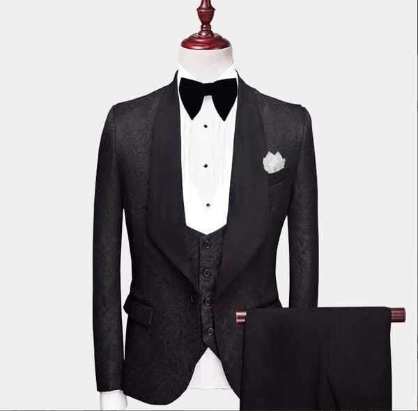 2020 Floral tout noir smoking avec châle revers plage hommes costumes garçons d'honneur mariage smokings pour hommes costume de bal formel (veste + pantalon + gilet)