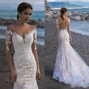2020 Robes de mariée florales chérie dentelle appliquée manches longues robe de mariée Illusion balayage train sur mesure Robes De Mari￩e