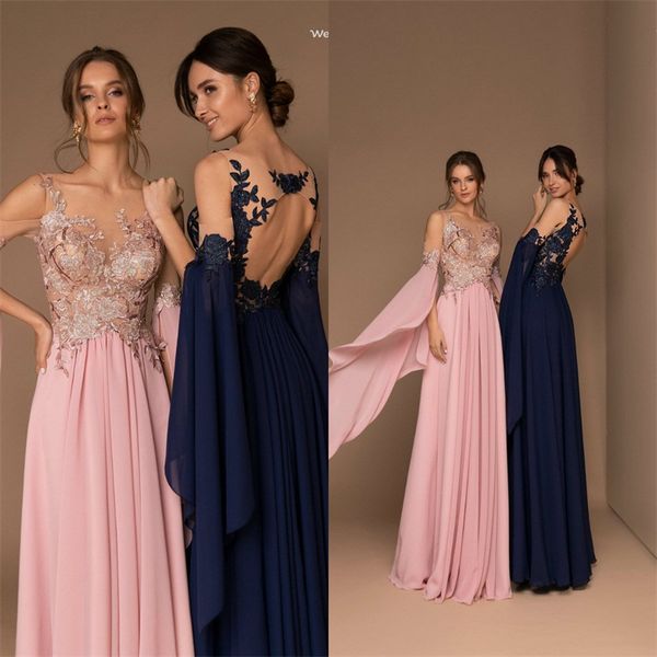 2020 Vestidos de noche de gasa floral Joya Manga larga Tren de barrido Apliques Venta caliente Vestido de fiesta Espalda hueca Vestido de fiesta por encargo Barato