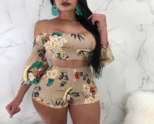 2020 Floral Print Casual Two-Piece Set Schouder Cami Top Shorts Set Summer Short Tracksuit Women Sexy Bodycon Romper S-XXL2005843