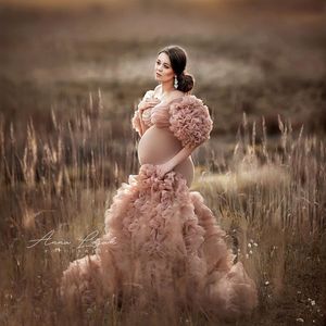 2020 vestidos de maternidad nupciales con volantes florales Sexy hendidura manga hinchada elástico hecho a medida mujeres sirena vestidos de fiesta de talla grande