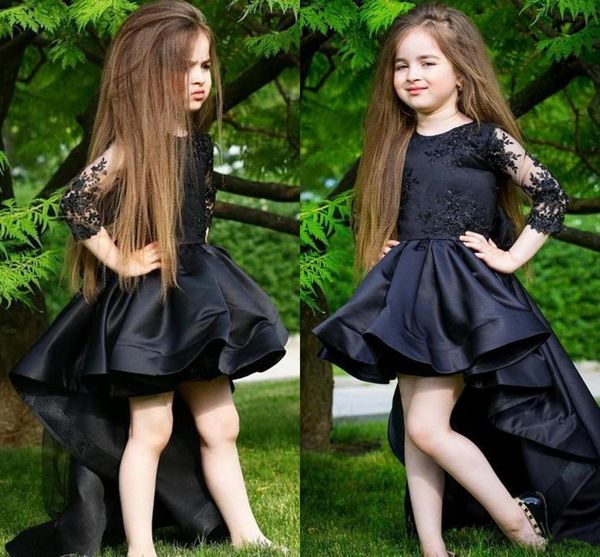 2020 robes de fille de fleur noir haut bas froncé satin petites filles Pageant robes de soirée bijou cou appliqué dentelle première robe de communion AL6368
