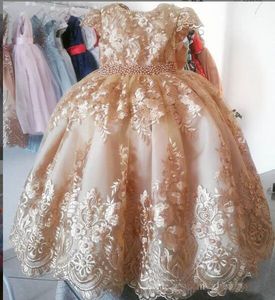 Robes de demoiselle d'honneur pour mariages, col haut, manches avec traîne de balayage, robe de Communion avec des appliques florales 3D, robes de concours, 2020