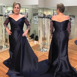 2020 Formele Donkere Marine Moeder van de Bruid Jurken Off Shoulder Beads Lange Mouwen Rits Terug Plus Size Feestjurk Bruiloft Gastjurken