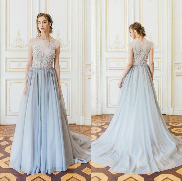 2020 robes de demoiselle d'honneur de style pastoral français en mousseline de soie appliques bleu ciel bijou cou bouton dos robes de demoiselle d'honneur