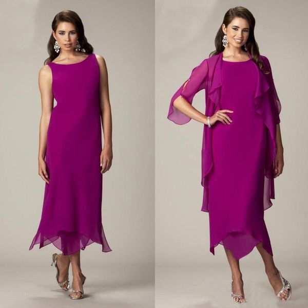 2021 gasa fucsia Madre de la novia Vestidos de novio con chaqueta Longitud de té Medias mangas Vestidos de fiesta de noche Vestido de boda para madre AL5348