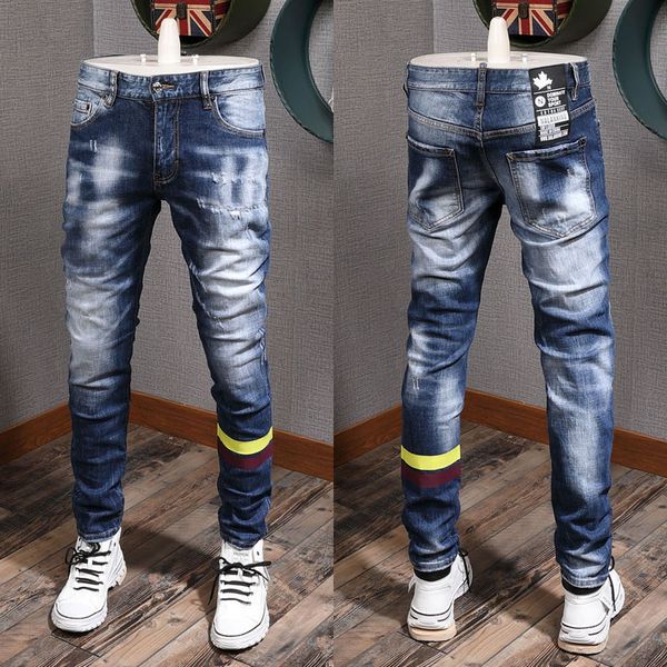 Patch Distressed Light Blue Jeans Cool Guy Fit Yellow Striped Slim Fit Leg Denim Pants Men