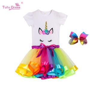 2020 Meisje Eenhoorn Tutu Jurk Regenboog Prinses T-shirt Met Tutu Feestjurk Peuter Baby 2 Tot 11 Jaar Verjaardag outfits Kids Kleding