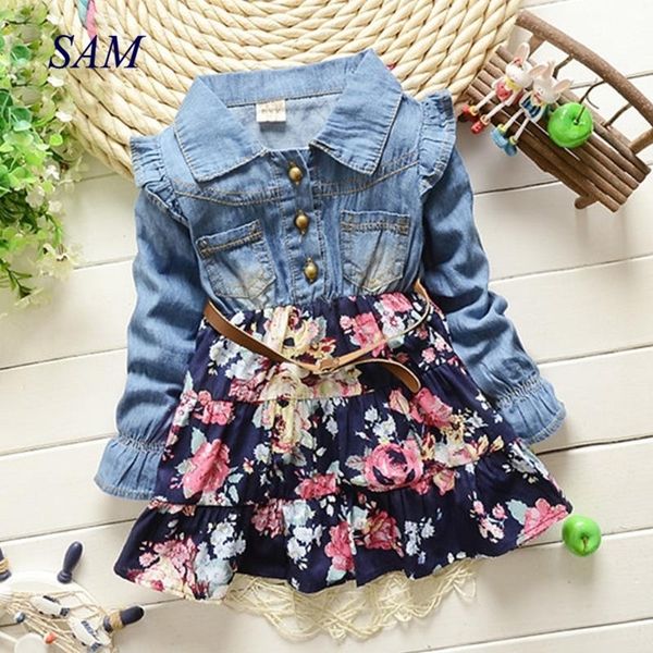 2020 Niñas Vestido casual Niños Vestidos de mezclilla florales Ropa de primavera y otoño para niños Ropa de manga larga para niños LJ200923