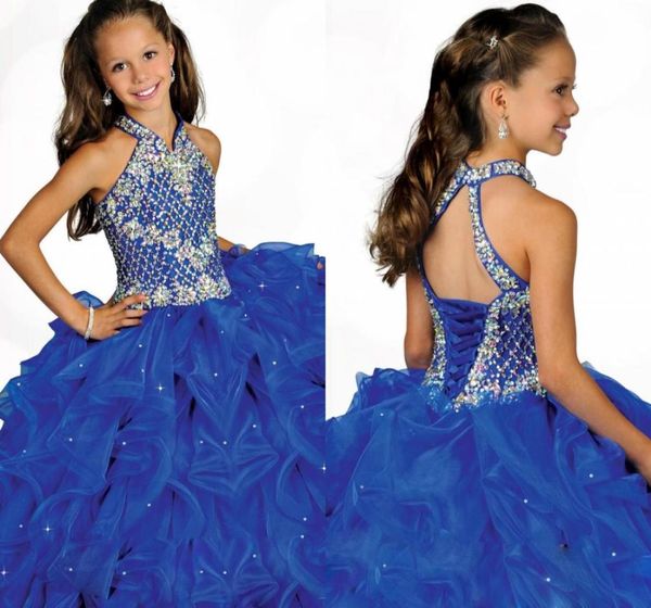 2020 Halter glamoroso Correa de cuentas altas altas Correos Beading Girls Pageant Destino Blue Organza Flower Girls Vestido Hy1189375872