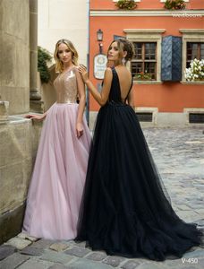 2020 Glitzer A-Linie Abendkleider Günstige Juwel ärmellose Pailletten Abendkleid Sweep Zug rückenfrei gerüscht Partykleid nach Maß Heißer Verkauf