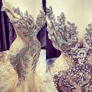 2020 Glitter Gold Vestidos de noche Use Crystal Beads Lentejuelas Sweep Train V Neck Illusion Mermaid Prom Dress Crystal Luxury Party G281R