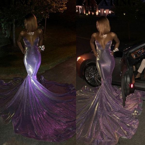 2020 Glitter longue sirène fille noire robes de bal Encolure bretelles train pourpre Sequin africaine robe de soirée formelle