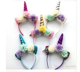 2020 brillo metálico unicornio diadema niñas gasa flores diadema para niños hoja flor unicornio cuerno fiesta accesorios para el cabello