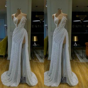 2020 Glitter Sexy One-Shoulder Luxury Avondjurken High-Slit Ruched Lovertjes Beaded Prom Dress Sweep Train Custom Made Party Pageant Town