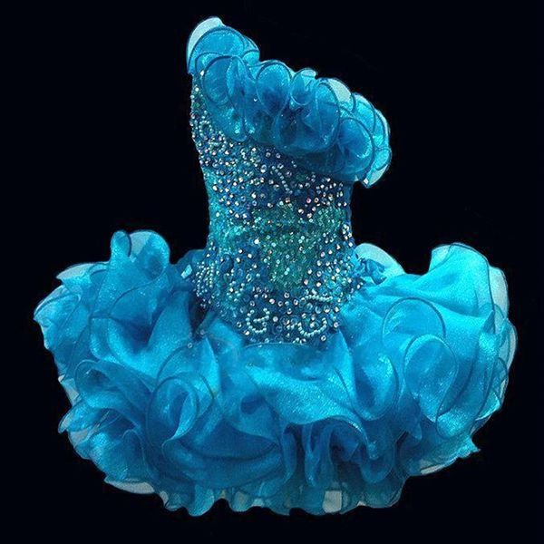 2020 Glitz Cupcake Organza Vestidos de desfile para niñas pequeñas Sparkly One Shoulder Beaded Crystal Short Girls' Prom Party Dre256g