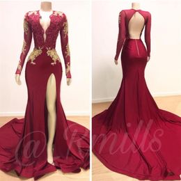 2020 Gold Appliques Dark Red Red Mermaid Prom Dresses Nieuwe Sexy Deep V Neck Split Evening Jurken Long Sleeve Robes de Soriee262A