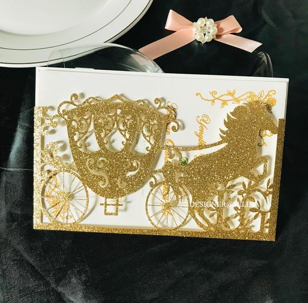 2020 Invitación de boda con purpurina dorada, carruaje de caballos, corte láser, dulce 16 invitaciones, invitaciones rústicas imprimibles para quinceañera Birthd3991813