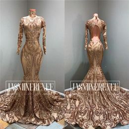 2020 Gold High Neck Mermaid Prom Kleider Sexy Pailletten Lange Ärmel Abendkleid Mit Federn Formale Party Dress2475