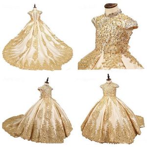 2020 Gold Lace Applique Ball Gown Flower Girls Dresses Sweep Train High Neck Kids Communion Gowns Beauty Child Girls Pageant Dress