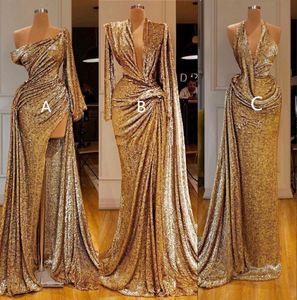 Gouden reflecterende zeemeermin prom -jurken met hoge zijde gesplitst sexy een schouder met één schouder lange mouwen formele avond optocht jurk