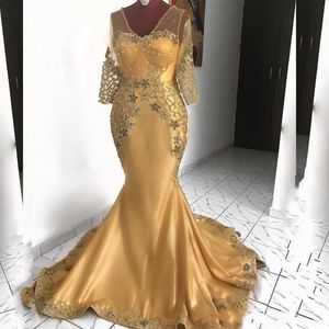 2020 Goud Sexy Mermaid Afrikaanse Moeder Van Bruid Jurk V-hals Kant Kralen Avondjurken Formele Party Prom Gowns211e