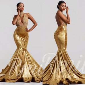 2020 gouden fluwelen zeemeermin prom jurken sleutelhang nek backless court trein zien door kant applique avond formele jassen