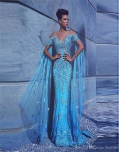 2020 Gorgeous Blue Sexy Sirène Robes de bal à manches courtes Appliques perlées principales Robes d'occasion spéciale Arabe Wear Using7470996
