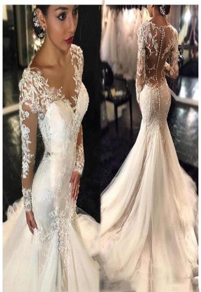 2020 magnifiques robes de mariée sirène en dentelle Dubaï style arabe africain petite manches longues queue de poisson robes de mariée sur mesure avec B3241669