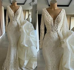 2020 magnifiques robes de mariée sirène avec train détachable dentelle appliques robe de mariée à manches longues pays sur mesure Robes De Mari￩e