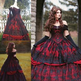 2020 Gothic Trouwjurken Een lijnkant geappliceerd van de schouderland Bruidsjurken Sweep Train Custom Made Vintage Vestidos de Novia