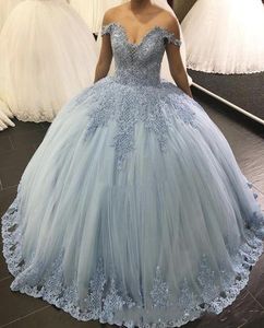 2020 grijze prinses baljurk prom jurken kralen kant applique v vormige halslijn lace-up gedrapeerde tule rok zoete 16 jurk quinceanera