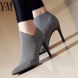 Botines de tacón alto para mujer, moda gris, talla grande 34-41, botas de tacón alto para mujer, botines de tela con tacón de 8,5 cm, 2020