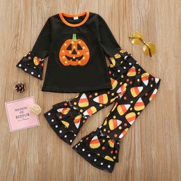 2020 Halloween Nieuwe Baby Kleding Sets Flare Sleeve Top + Pompoen Candy Gedrukt Flare Broek 2 stks / sets Mode Baby's Meisje Outfits M2316