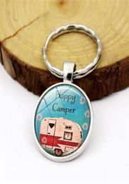 2020 Happy Camper Quote Keychain Travel Car Key Chain Chain Glass Glass Cabochon Dome Jewelry Pendant Silver Metal Course Fashion Gift6852002