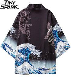 2020 HARAJUKU KIMONO Veste japonaise Kanagawa Great Wave Hip Hop Mens Streetwear Veste Dragon Koi Fish Fish Thin Boue Japon Style CX201078246