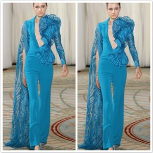 2020 Hoge Couture Avondjurken Jumpsuits Unieke Design Lange Mouw Diepe V-hals Prom Jurk Enkel Lengte Celebrity Runway Fashion Jurken