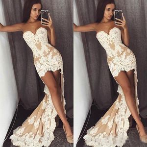 2020 Hoge Lage Sexy Champagne Kant Mermaid Prom Jurk Sweetheart Front Short Back Long Plus Size Avond Gelegenheid Feest Draagt ​​Cocktail Jurk