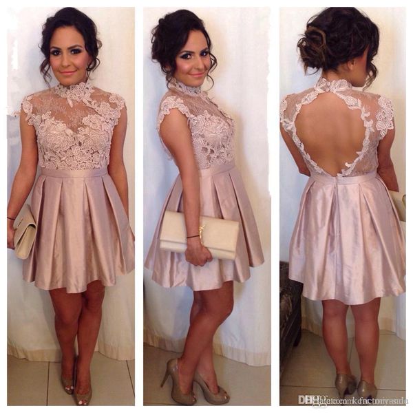 Vestidos de fiesta cortos de color rosa con cuello alto, mangas casquillo, vestidos de cóctel de encaje sin espalda con ojo de cerradura, vestidos de graduación con apliques