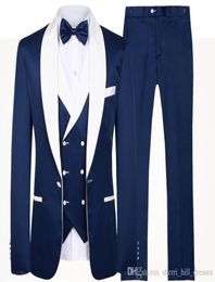 2020, esmoquin azul de alta calidad para novio, chal con solapa, trajes de hombre para padrinos de boda, trajes de boda para hombre, chaqueta, pantalones, chaleco, corbata7309041