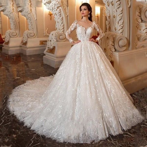 2020 haute qualité français dentelle robes de mariée pure cou appliqué manches longues une ligne chapelle train plus récent robes de mariée