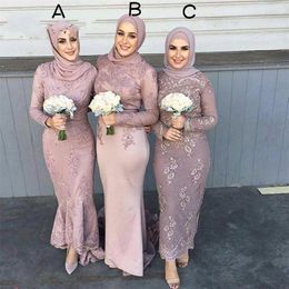 2020 robes de demoiselle d'honneur musulmanes à manches longues en satin de haute qualité avec hijab dentelle appliques gaine invités de mariage dama de honra adulto 308e