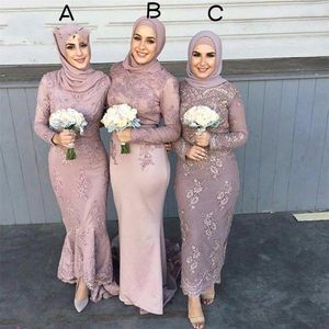 2020 Hoge Kwaliteit Satijn Lange Mouwen Moslim Bruidsmeisjekleding Met Hijab Kant Applique Schede Bruiloftsgasten Dama De Honra Adulto 235W