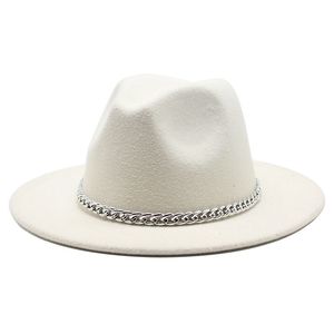 2020 Hoge kwaliteit brede rand fedora hoed vrouwen mannen imitatie wol vilt hoeden met metalen ketting decor Panama Fedoras chapeau sombrero C0123