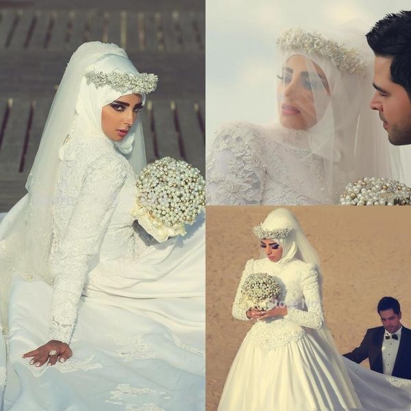 2020 Hijab vestidos de novia musulmanes Apliques de encaje con cuentas vestidos de novia de satén con velo batas de mari￩e