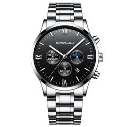Hot CrRju Chronograph Quartz Horloge Mannen Simple Fashion Casual Jurk Rvs Horloges 30 M Dagelijkse Waterdichte Datum Relogio